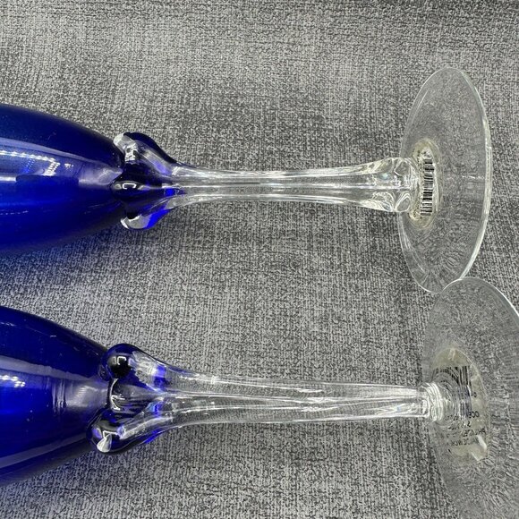 Cobalt Blue Glass Champagne Flutes Clear Tulip Ornate 4 Sided Stem Lot of 2 8" - Picture 10 of 11